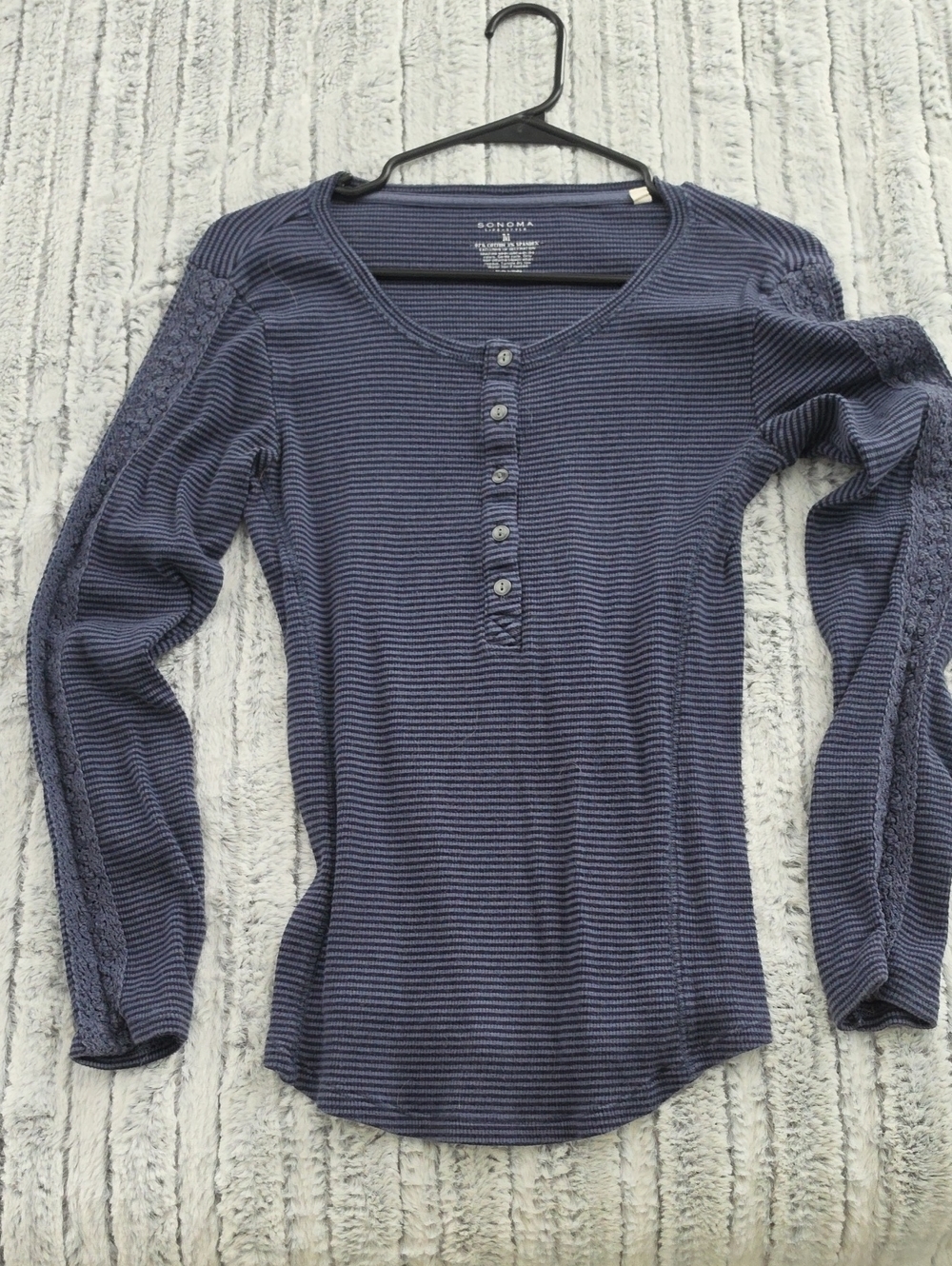 Sonoma Navy Blue Striped Henley Lace-Sleeve Long Sleeve Top